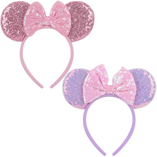 Sotaila 2 Pack Pink Purple Mouse Ears Headbands for Women Girls Sequin Bow Headband for Cosplay Costume Birthday Party Decorations Hair Accessories