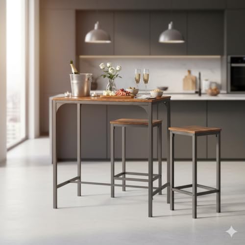 FurnitureR Stool Set, with, Industrial Style, Suitable for Kitchen, Dining, Living Room, Pub, Table 80 x 50 x 90 cm, 4 Bar Stools 40 x 30 x 65 cm, Retro marrón+Negro, Bartisch Küche mit 2 Hockern