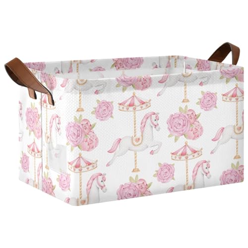 Cute Carousel Horse with Pink Flower Baby Storage Basket with Label&Handles Rectangular Waterproof Nursery Storage Bins Collapsible Shelf Organizer Baskets for Kids Books Cloth Gift Toys Laundry