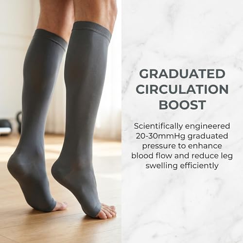 Image of MGANG Knee High Compression Socks 20-30mmHg for Varicose Veins, Open Toe | Graduated Compression, Circulation, DVT, Swelling, Nurses, Pregnancy, Standing, Office, Flight, Travel, Running, Recovery