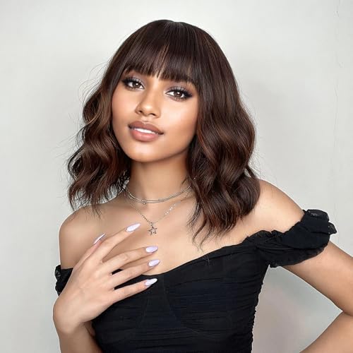 image for VCKOVCKO Short Bob Wigs Brown Mix Orange Wavy Wig With Air Bangs Women