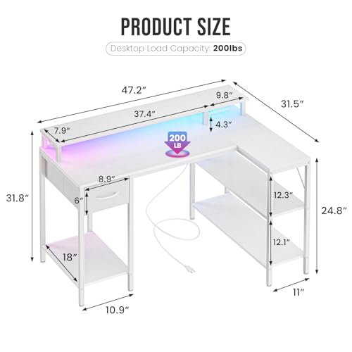 Image of DUMOS 47 inch Gaming Desk with USB Charging Ports & LED Lights for Home Office Small Space, Reversible L Shaped Desks Computer Corner Gamer Table with Power Outlets Monitor Stand Storage Shelves, White