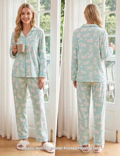 Image of CHUNG Women Flannel Pajamas Set Brushed Cotton Button Tops Pants S-XL Sleepwear Loungewear Cozy Warm Winter
