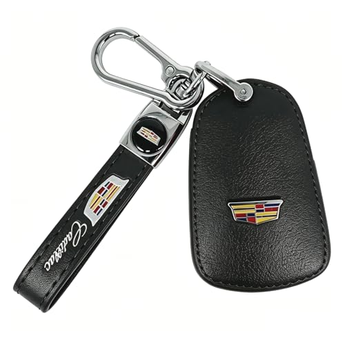 Leather Key Fob Cover Full Protective Case with Metal Keychain Compatible with Cadillac Escalade CT4 CT6 CT5 XTS XT4 XT5 ATS 2020-2023 Remote Key (Style A: Black)