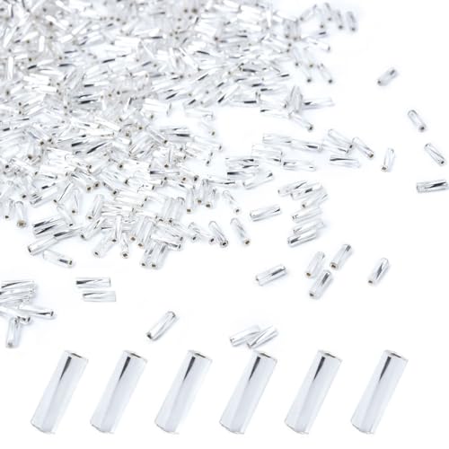 1050pcs 2x7mm Silver Glass Bugle Beads Tube Twisted Seed Beads for Earring Bracelet Necklace Jewelry DIY Craft Making AAA