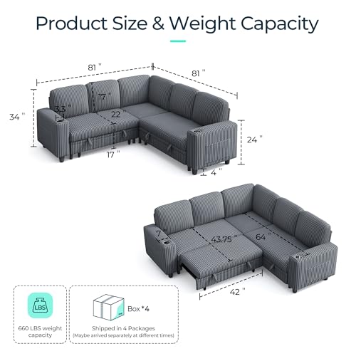 Image of LINSY HOME Sectional Sleeper Sofa with Pull Out Couch Bed - Convertible Plush Corduroy Cloud Couch with Storage Chaise & USB Charging, Comfy L Shaped Modular Couches for Living Room Apartment (Grey)