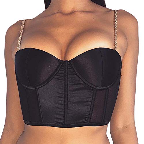 ECDAHICC Women's Spaghetti Strap Crop Top Backless Chain Halter Tops Dressy Satin Mini Cami Party Blouse(BL-M) Black