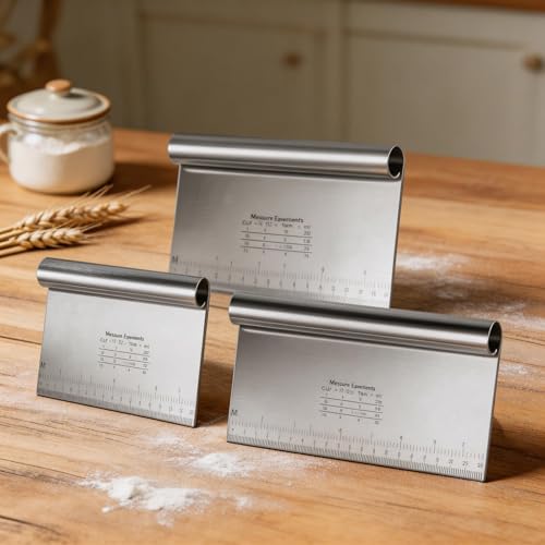 3 Stück Teigschaber Edelstahl Gemüseschaufel Antihaft Teigkarte Edelstahl 15/20/25 cm Teigschneider mit Messskala Durable Küchenspachtel für Kuchen Brot Cake Pizza Torte Dough Backutensilien