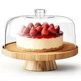 MASTERTOP 6 in 1 Design Cake Stand with Lid, Wooden Cake Display Stand with Acrylic Dome Cover, Multifunctional Wood Cake Plate for Kitchen/Birthday/Picnic/Party/Charcuterie, Clear, 28cm