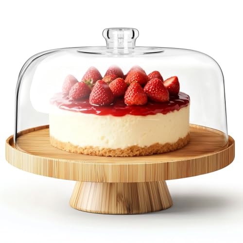 MASTERTOP 6 in 1 Design Cake Stand with Lid Wooden Cake Display Stand with Acrylic Dome Cover Multifunctional Wood Cake Plate for Kitchen/Birthday/Picnic/Party/Charcuterie Clear 28cm