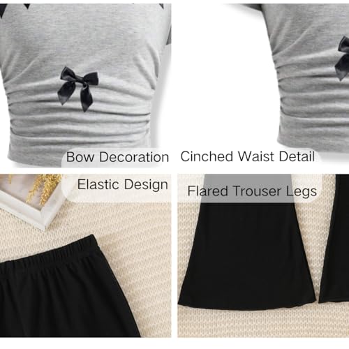 Image of Girls Clothes 2 Piece Short Sleeve Lace Bow Print Tops Flared Pants Set Little Girl Outfits Size 7-14