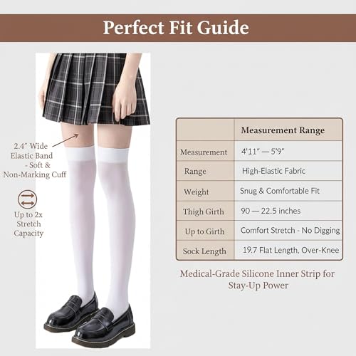 Image of Women's White Thigh High Socks - Opaque Over the Knee High Stockings with Anti-Slip Silicone Band, Soft Velvet Elastic Long Socks for Lolita, Cosplay & Daily Wear