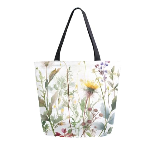 Extra Large Shoulder Tote Bag for Beach Travel Weekender Gym Watercolor Wildflowers Green Leaves Botanical Reusable Grocery Canvas Shopping Bag