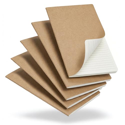 Foliom 5 Pack Kraft Notebooks Bulk A5, 60 Pages Lined Ruled Journals, 8.3x5.5 Inches, Natural Kraft Cover Composition Notebooks for School Office Students Artists