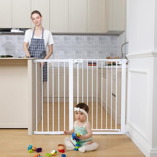 COMOMY 36" Extra Tall Baby Gate for Stairs Doorways, Fits Openings 29.5" to 48.8" Wide, Auto Close Extra Wide Dog Gate for House, Pressure Mounted Easy Walk Through Pet Gate with Door, White