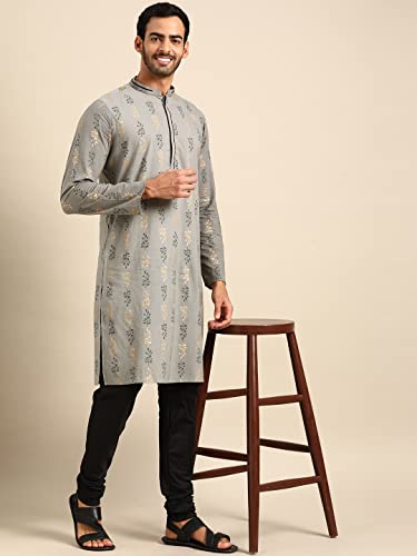 Image of Men's Black Art Silk Regular Fit Ethnic Motifs Kurta | Indian Kurta | Festive Ethnic Kurta with Embroidered Packet