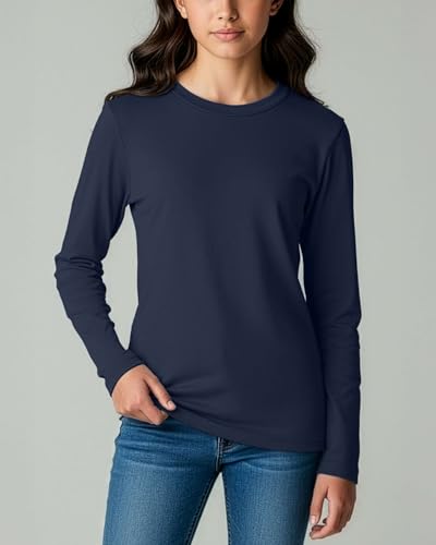 Image of Real Essentials 4 Pack: Girls' Cotton Long Sleeve Crew Neck T-Shirt - Athletic Tee Shirt for Teens Kids Youth (Ages 4-16)