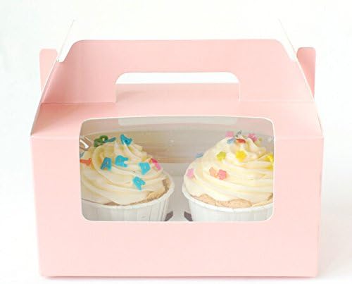 Set of 12 Portable Cupcake Boxes Containers with PVC Window/Cardboard Insert-2 Holders (Pink)