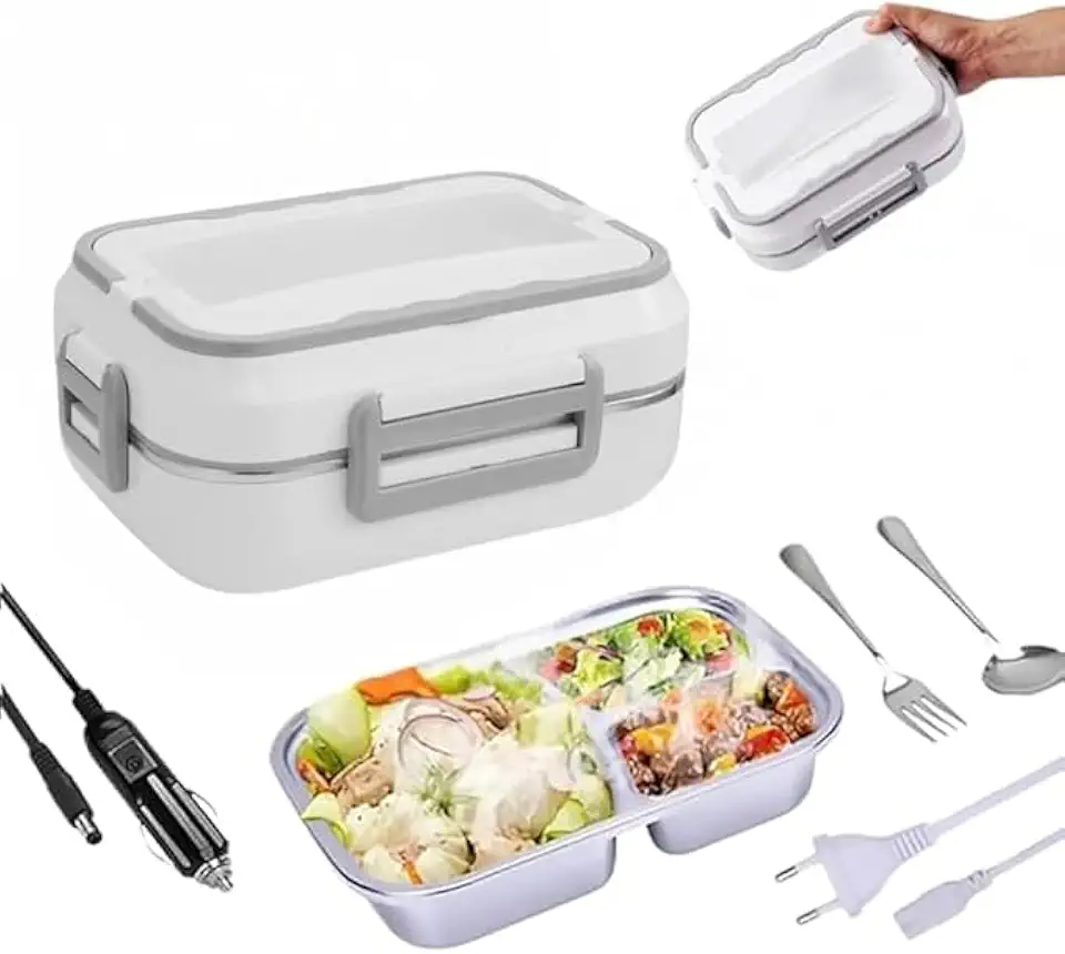 Marmita Elétrica Portátil De Aço Inoxidável 12V/110V-220V – Aquecedora de Alimentos 3 Divisórias, Cor Branca com Cinza, Aquece Refeições Térmica para Carro, Casa ou Trabalho Bivolt_ Premium (Branco)