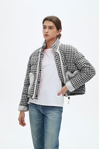 Womens Cropped Puffer Jacket Winter Gingham Plaid Button Down Long Sleeve Padded Coat with Heart Pockets3