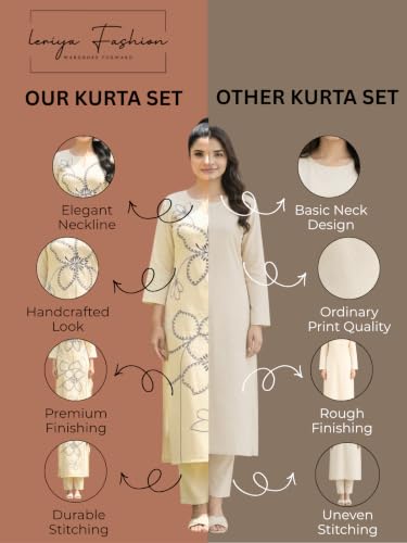 Image of Leriya Fashion Women's Cotton Straight Embroidered Kurta with Pant Set | Ethnic Motifs Work Kurti with Pant for Women | Casual & Office Outfit Ensemble | Kurta Sets for Woman