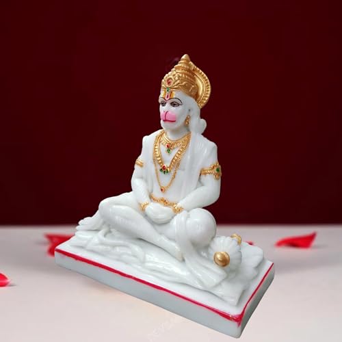 Image of Hanuman Ji Statue Sitting Idol Bajrangbali Murti Gift Article Decorative Showpiece. Beautifully Handcrafted Marble Panchmukhi Hanuman Ji for Home Temple (White-10 Inch)
