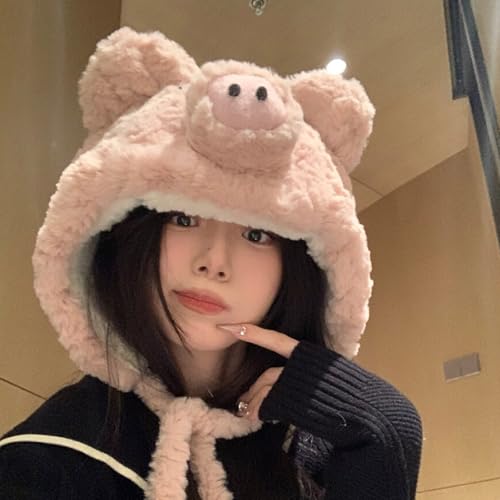 Plush Piggy Hat Soft Warm with Ear Flaps Funny Ear Animal Hat Fleece Lining Thermal Winter Hat for Adults and Teens4