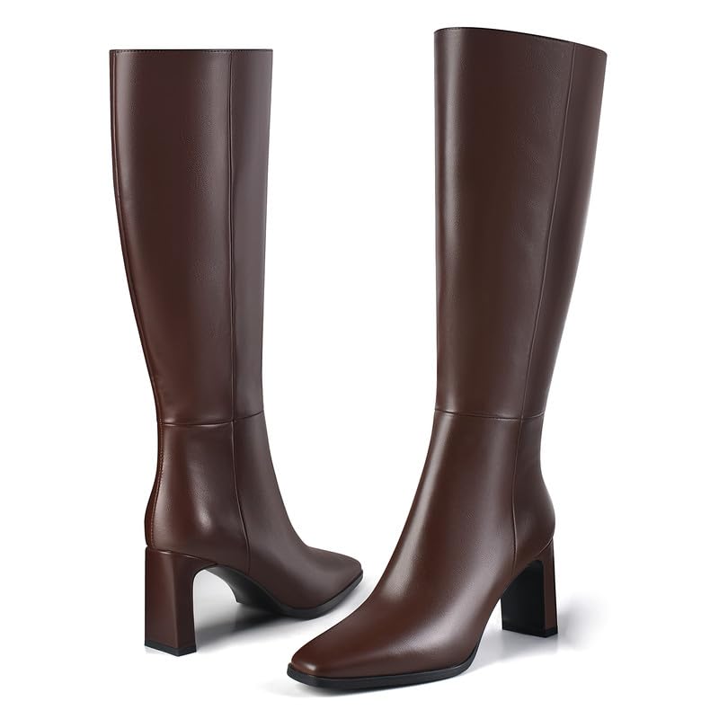 Knee High Boots for Women Chunky Heel Tall Boots Fashion Square Toe 3 Inches Side Zipper Long Heeled Boots4