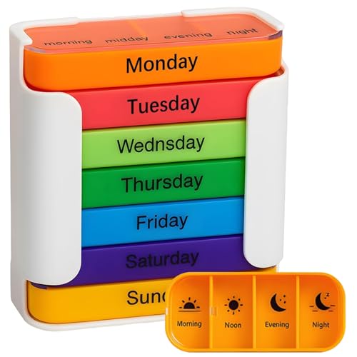 Organizador de pastillas de 7 días con 4 compartimentos diarios Organizador de medicamentos semanal Pastillero de viaje de gran capacidad para portador Blanco Colorido