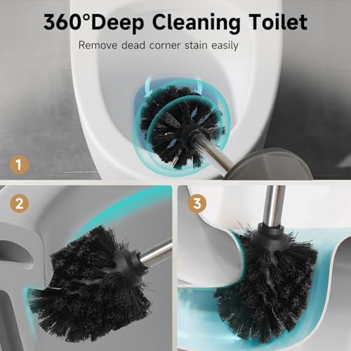 Image of Pewter Toilet Brush and Holder,Extra Long Handled Toilet Brush for Bathroom,Stainless Steel Heavy Duty Toilet Bowl Brush,Deep Cleaning Modern Toilet Cleaner Brush -Space Saving, Covered Brush