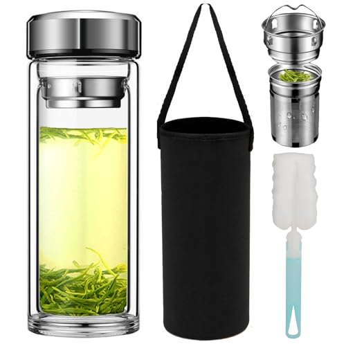 Pauzema 600ml Doppelwandige Glas Teeflasche mit 2 in 1 Edelstal Sieb to go, 20oz Tea bottle 100% dicht