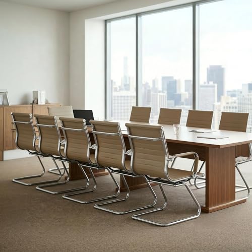 Image of Reception Chairs No Wheels Leather Conference Chair Heavy Duty Back Support Office Guest Chair, Set of 2 (Light Brown)