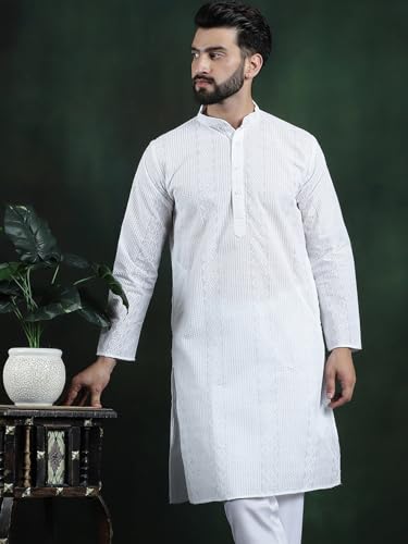 Image of SOJANYA (Since 1958 Men's Pure Cotton Checked Embroidered Long Kurta | Traditional for Diwali Celebrations