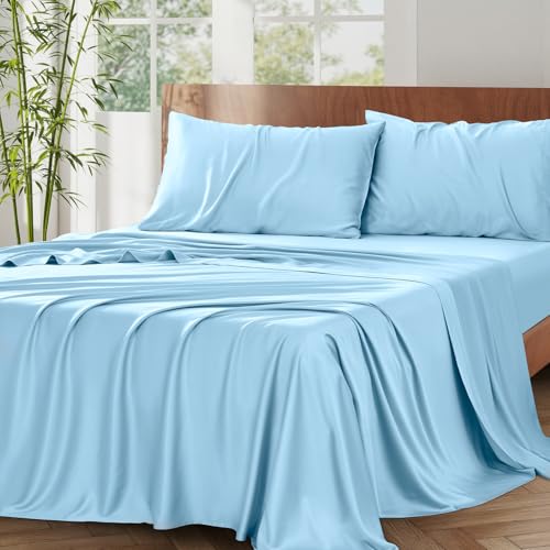King Sheet Set, 100% Rayon Derived from Bamboo, 4-Piece, 16 Inch Deep Pockets, Cooling Sheets for King Size Bed Set, Breathable & Silky Soft, Hotel Bedding Sheets & Pillowcases, Baby Blue