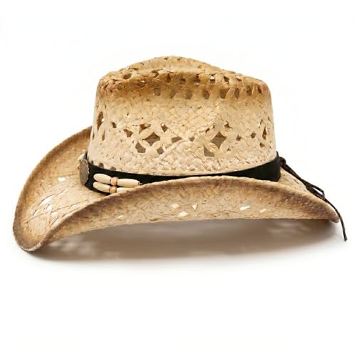 Image of TOVOSO Straw Cowboy Hat for Women and Men with Shape-It Brim, Western Cowboy Hat, Orange /Beads - Tea Stain