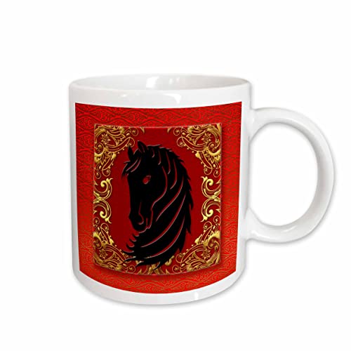 3dRose Chinese Zodiac Year of The Horse Chinese New Year Red Gold and Black Ceramic Mug, 11-Ounce