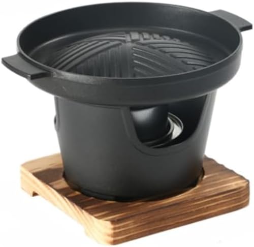 一人焼肉用コンロ、固形燃料対応、卓上グリル、丸型、専用木台付き、アウトドア・家庭用・業務用、焼肉プレート、鋳物鉄 (1,B)