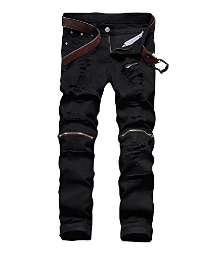 NORAME Calça lápis masculina slim fit vintage com zíper envelhecido stretch rasgado jeans (34, preto