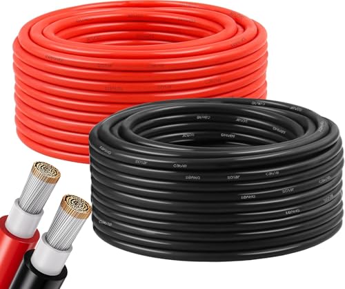 Aimou 10AWG Solar Panel Wire, 2x50FT 6mm&sup2; Solar Extension Cable Red & Black 84 Strands Tinned...
