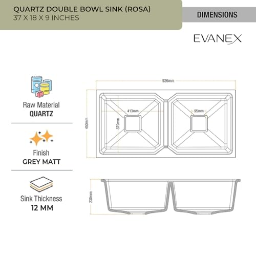 Image of EVANEX Quartz Sink for Kitchen | Double Bowl | Topmount /Undermount Kitchen Sinks | Rosa Double Sink with Connector, Waste Pipe, Coupling and Drain Basket | 37x18x9 Granite Kitchen Sinks