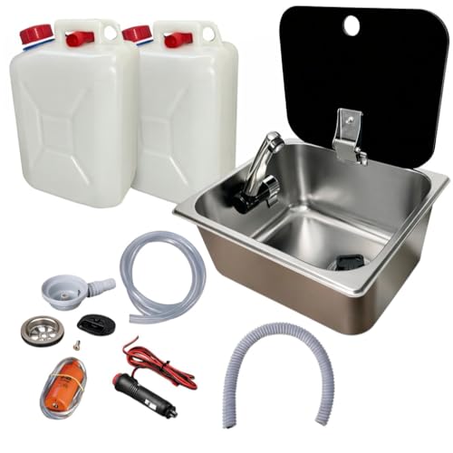 XENPER®️Kit Fregadero Camper Mediano con Tapa GARRAFAS A Elegir – Ideal para Kit Camper Furgoneta, Lavabo Caravana y Cocina Camper, Ideal para Muebles Camper (Grifo Lado Izquierda, 2 GARRAFAS 10L)