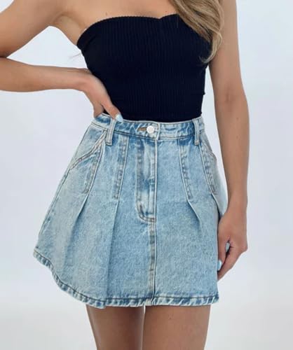 CHARTOU Women Denim Mini Skirt Y2k Preppy Style Pleated A Line Short Jean Skirt2