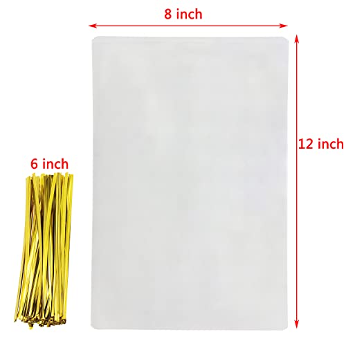 Mini Skater 8" x 12" Clear Treat Bags OPP Cello Cellophane Flat Bag With 50Pcs Gold Color Twist Ties For Wedding Gift Candy Cookie Bakery Bread Dessert, 50Pcs2