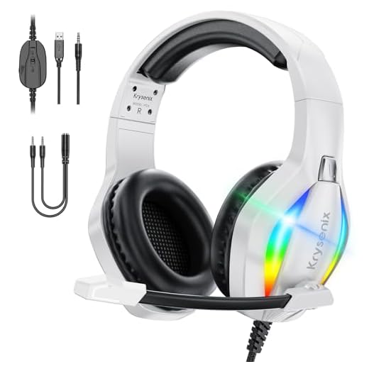 Krysenix PG1 RGB Gaming Headset für PS4, PS5, PC, Xbox,Switch, PS5 Gaming Kopfhörer mit LED Licht, Over Ear PC Headset mit Noise Cancelling Mikrofon und 3,5 mm Klinke,Matte Weiß