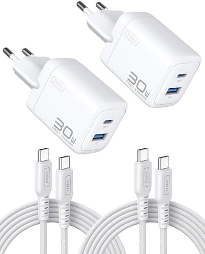 INIU 30W USB C Ladegerät, 2-Pack Weiß Schnellladegerät mit 1,5m 60W Kabel | Intelligentem Geräteschutz, GaN-Technologie, für Laptop, iPhone 18 17 16 Pro Max, MacBook, Galaxy S26, P
