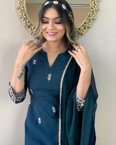 Image of Women Premium Collection Rayon Embroidered Straight Kurta Pant Dupatta Festive Ethnic Apparel Set