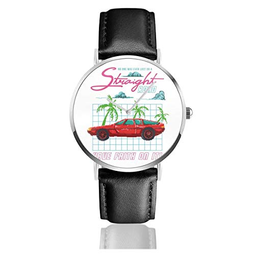 Unisex Business Casual No One was Ever Lost On A Straight Road Auto Pixel Art Uhren Quarz Leder Uhr mit schwarzem Lederband für Männer Frauen Young Collection Geschenk