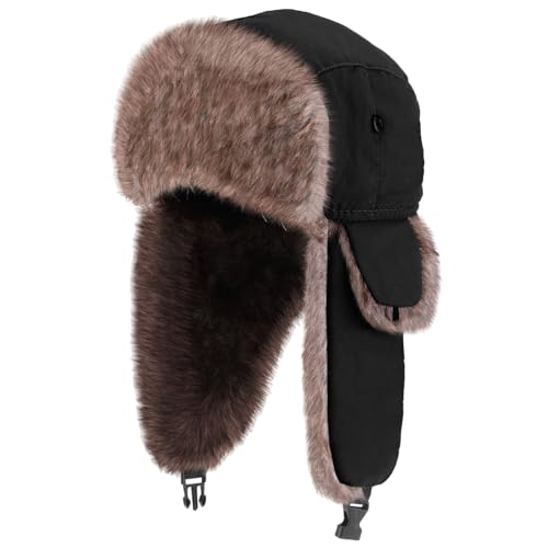 Hestya Winter Hat Trapper Hat with Ear Flaps Russian Hat Unisex Faux Fur Waterproof Winter Hunting Hat for Men Women (Black)