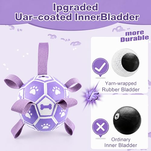 Image of Dog Toys Balls, Dog Soccer Ball with Straps, Dog Birthday Gifts, Durable Balls for Small Medium Pet, Puppy Outdoor Toy, Pet Training Soccer Ball, World Cup Soccer (6 Inch) (Purple, Medium)