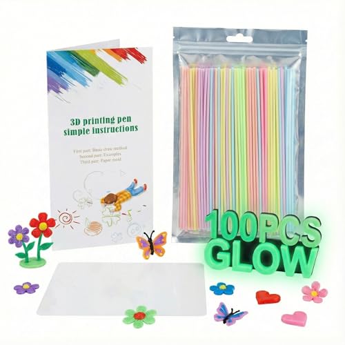JAREES Glow in The Dark 3D Pen Filament Refills Compatible with 3Doodler Start+, Safe & Low Temperature 2.5mm PCL, Each Color 10 pcs Total 100 pcs for Kids Gift